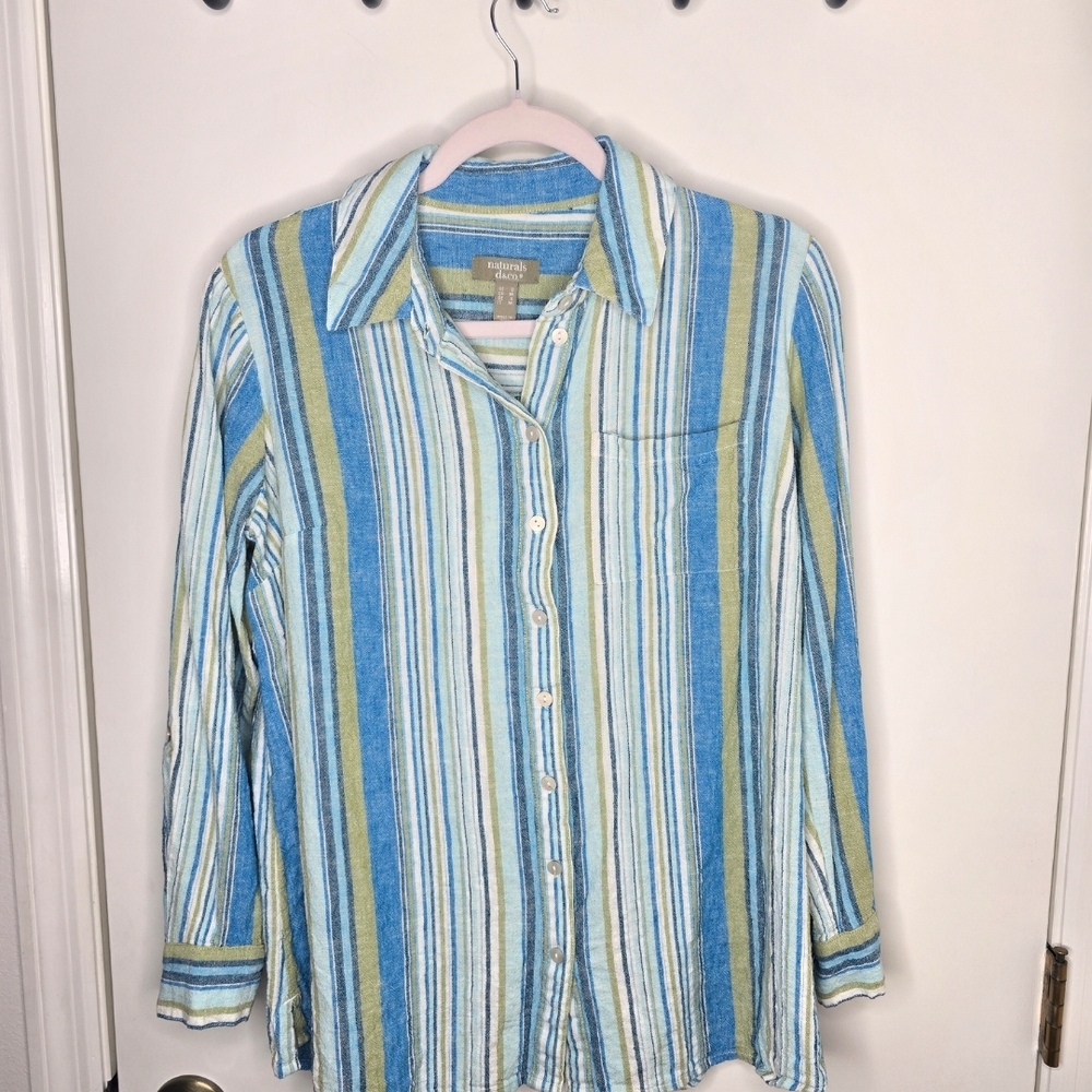 Naturals d&co. Linen BlendStriped Button Down Shirt - Blue and Green Small